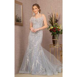 Clearance Silver Size XL Sequin Print Feather Mermaid Gown by GLS Gloria GL3117